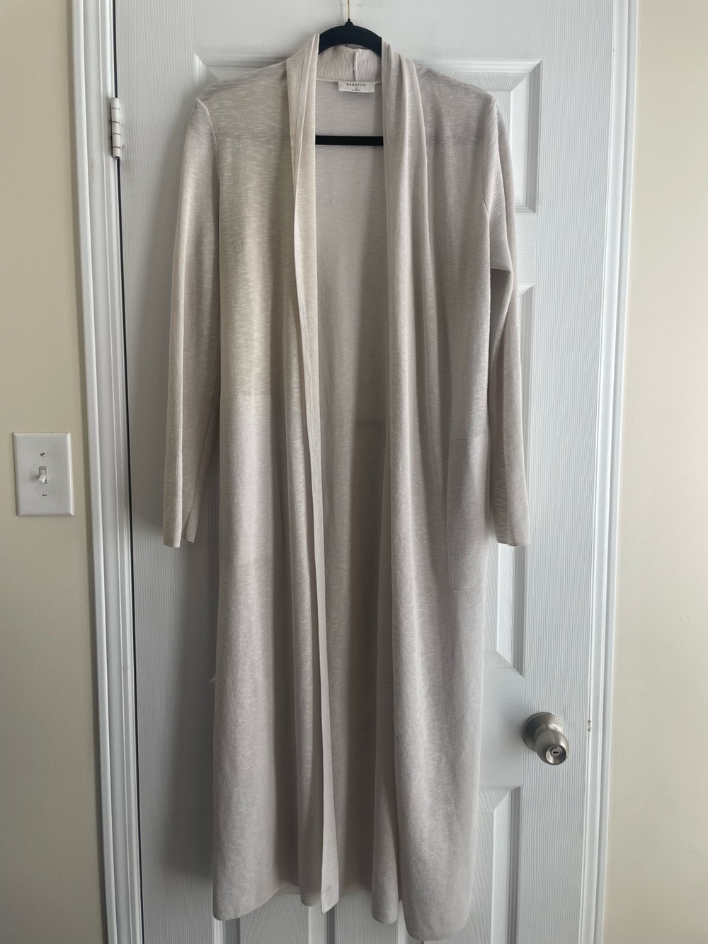 BABATON Light Beige Long Open Front Duster Cardigan with Pockets & Belt